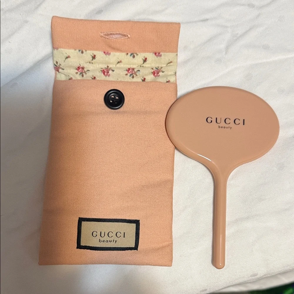 Gucci Peach/Pink Hand Mirror with Fabric Pouch